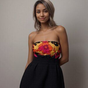 New York & Company Strapless Floral Dress Women's XL Yellow Orange Black